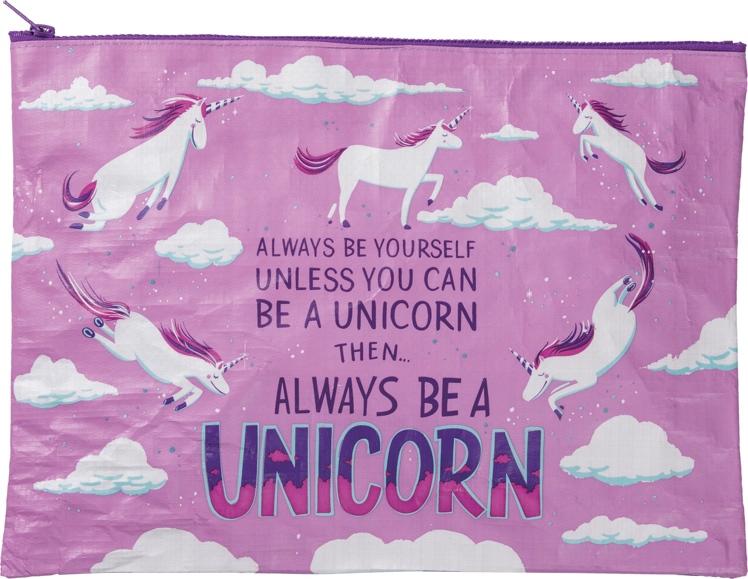 Jumbo Pouch Always Be A Unicorn in purple with whimsical unicorn and cloud designs, featuring a double-sided zipper and eco-friendly materials.