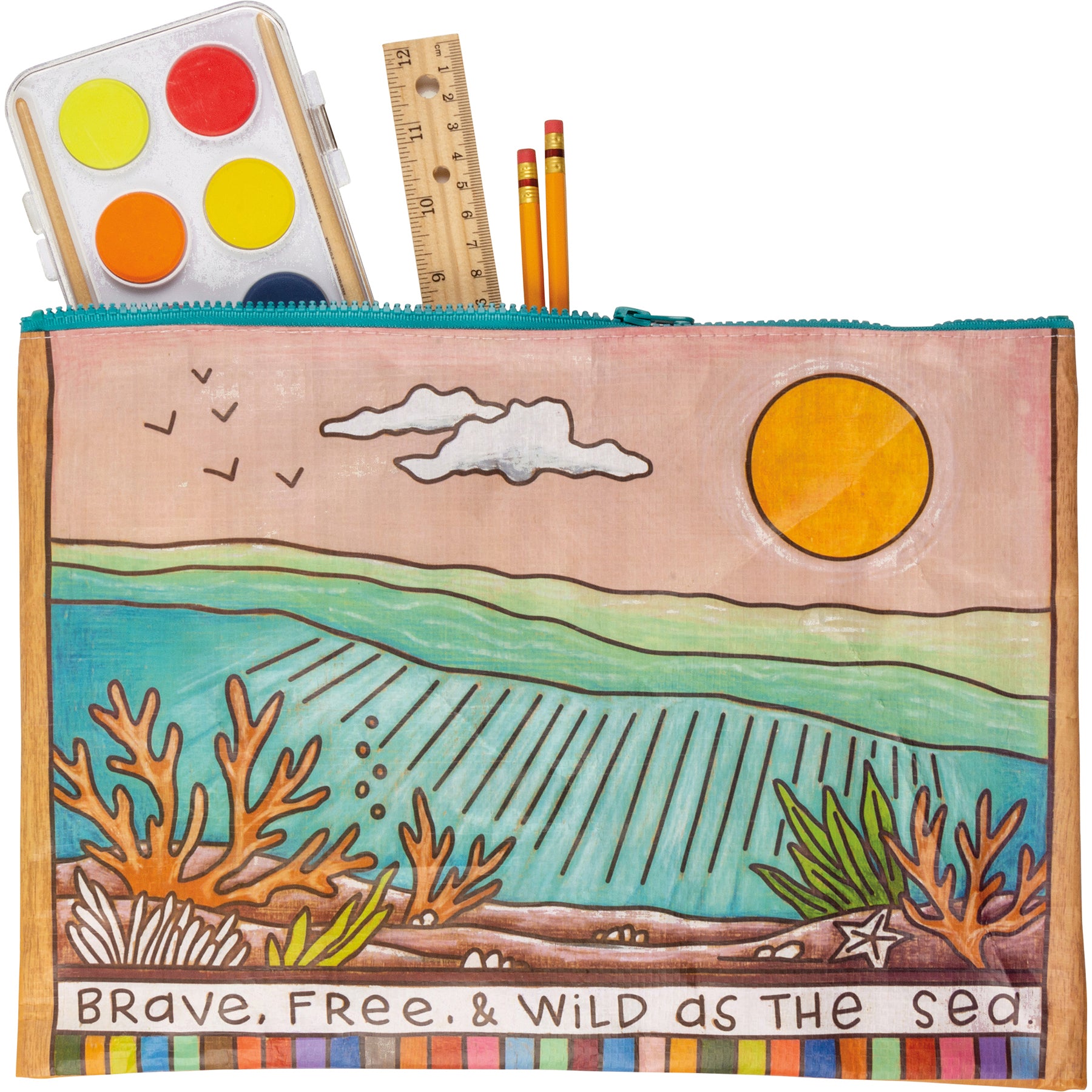 Jumbo Pouch Brave Free & Wild As The Sea Zipper Folder featuring colorful wood burned designs and top zip closure.