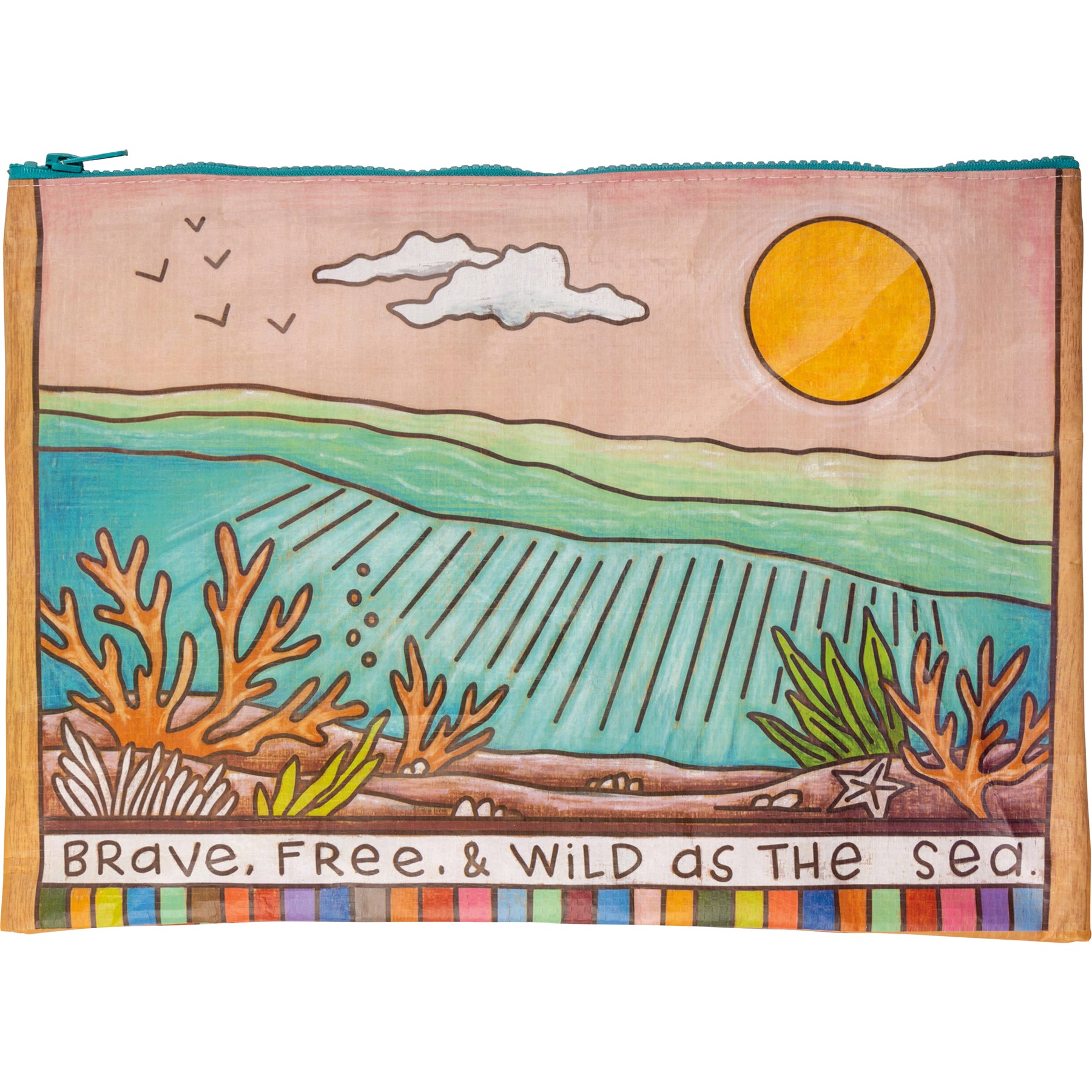 Jumbo Pouch Brave Free & Wild As The Sea Zipper Folder featuring colorful wood burned designs and top zip closure.