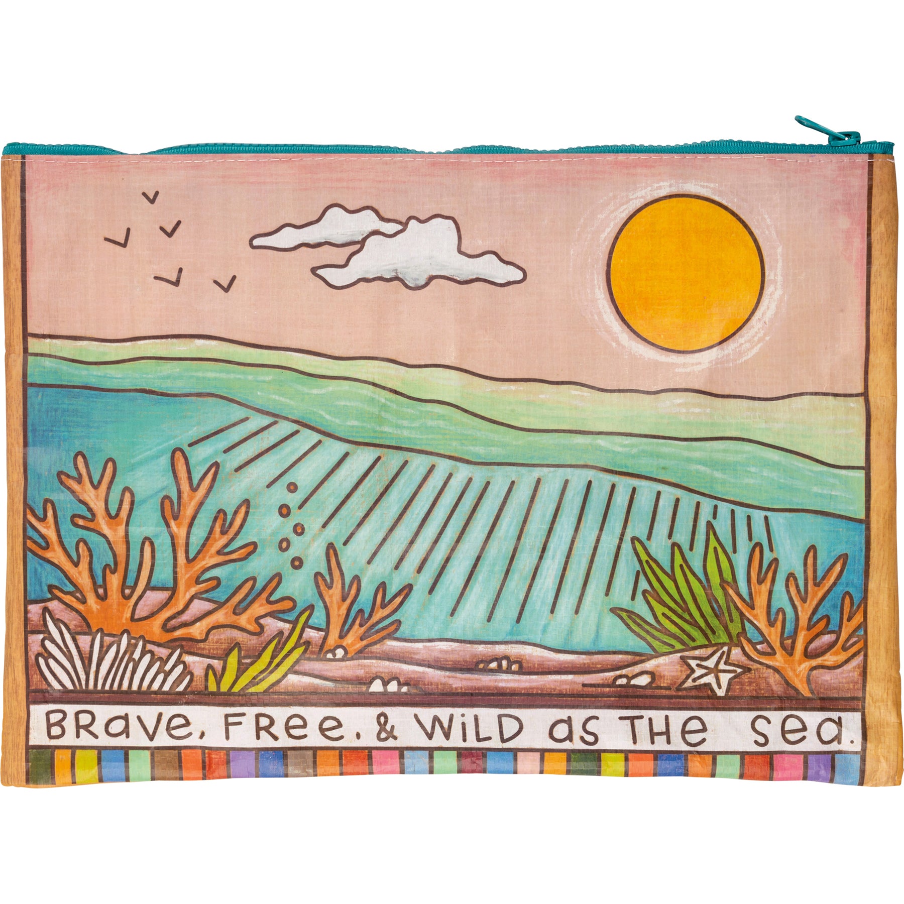 Jumbo Pouch Brave Free & Wild As The Sea Zipper Folder featuring colorful wood burned designs and top zip closure.