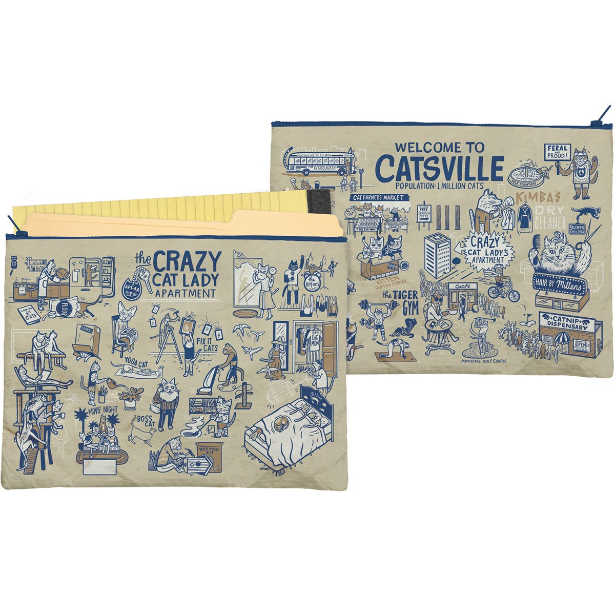 Jumbo Pouch featuring cat-themed designs with zipper closure, showcasing 'Welcome To Catsville' sentiment.