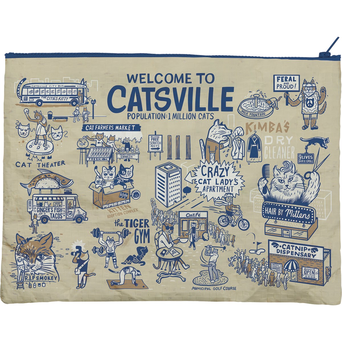 Jumbo Pouch featuring cat-themed designs with zipper closure, showcasing 'Welcome To Catsville' sentiment.