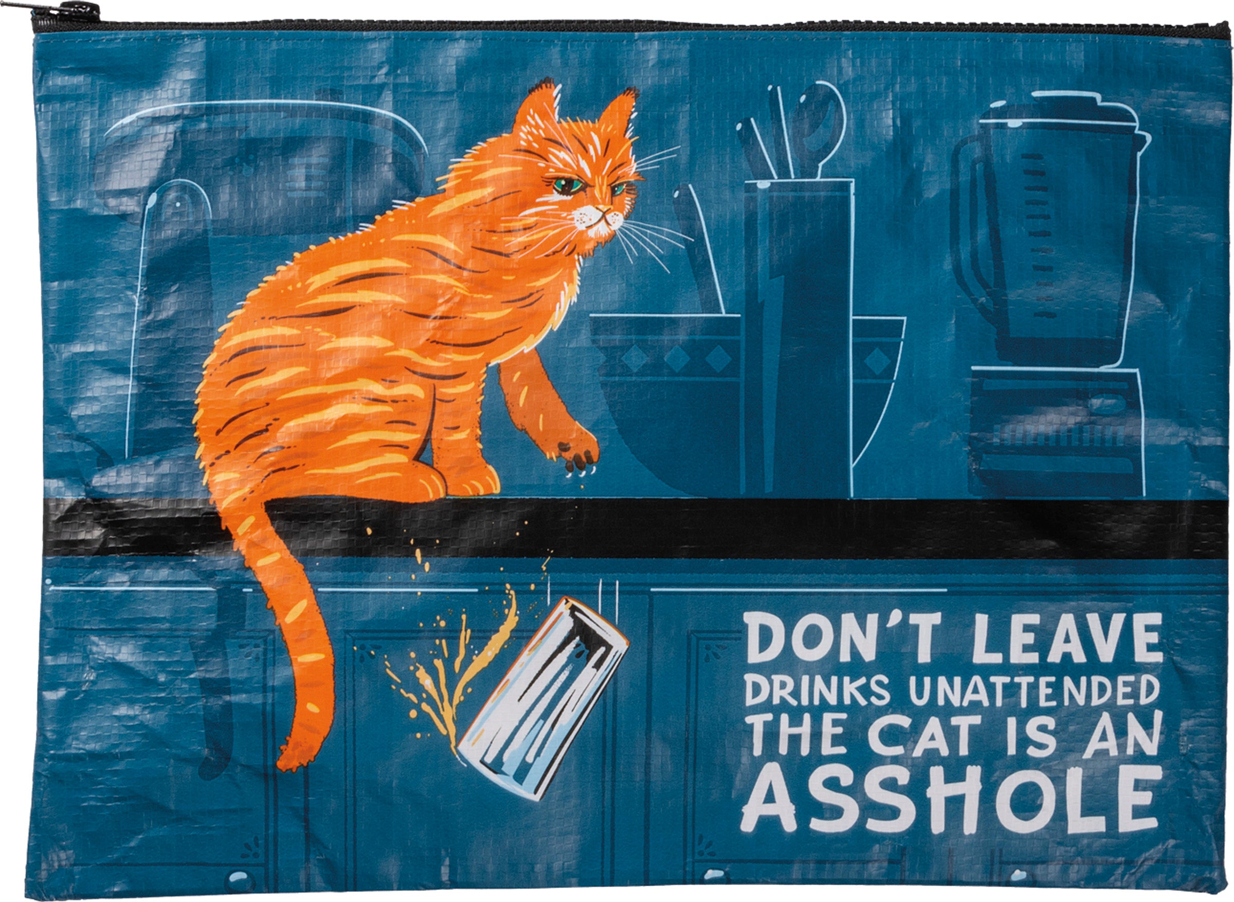 Jumbo Pouch featuring a humorous cat design with a message, made from recycled materials, showcasing a top zip closure.