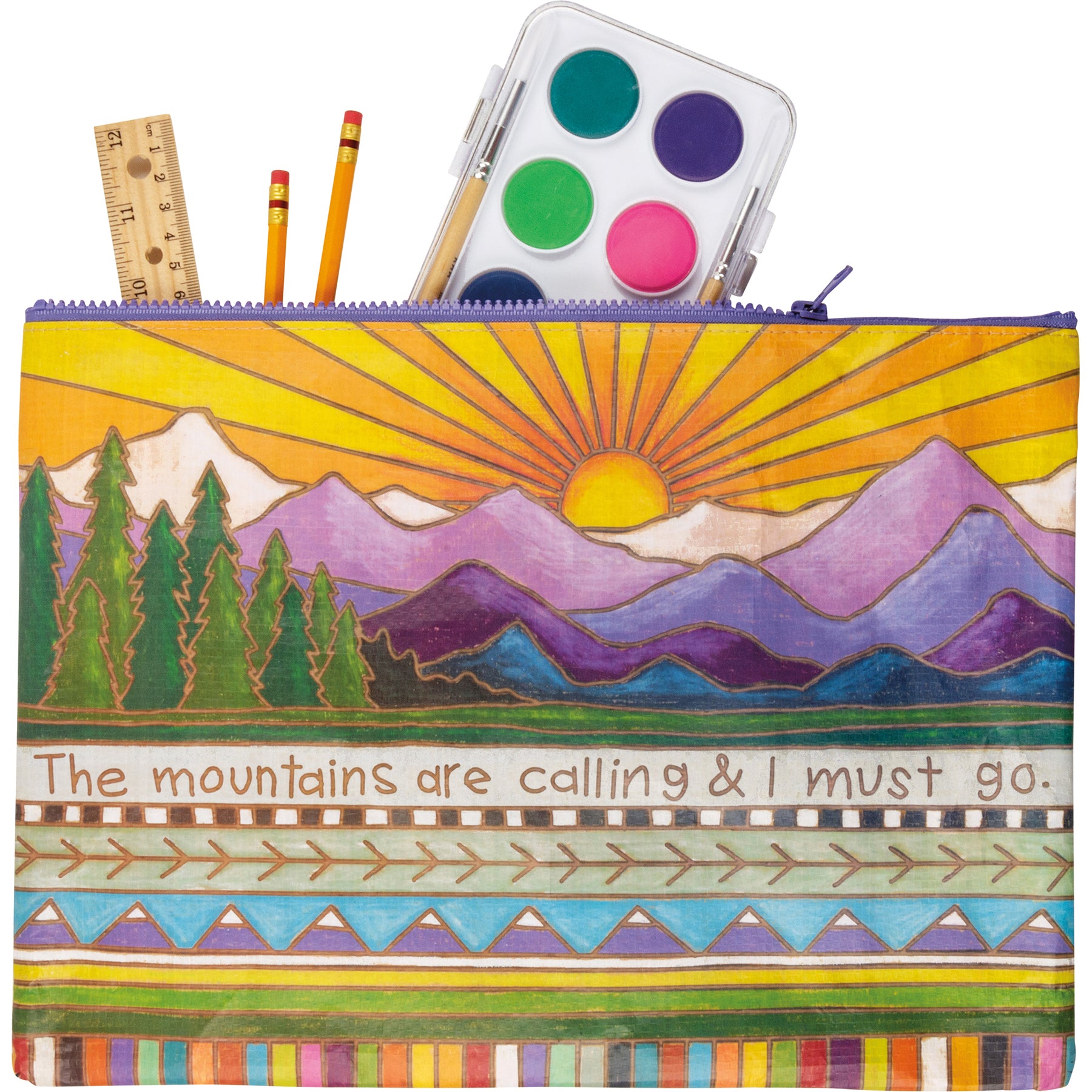 Jumbo Pouch Mountains Are Calling I Must Go Zipper Folder featuring colorful wood burned designs and top zip closure.