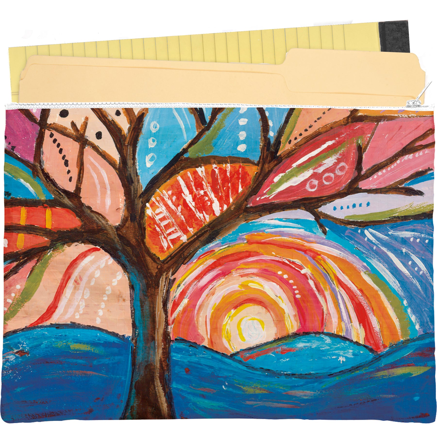 Jumbo Pouch Painted Tree Zipper Folder featuring a colorful tree design, made from recycled materials, ideal for organizing papers and documents.