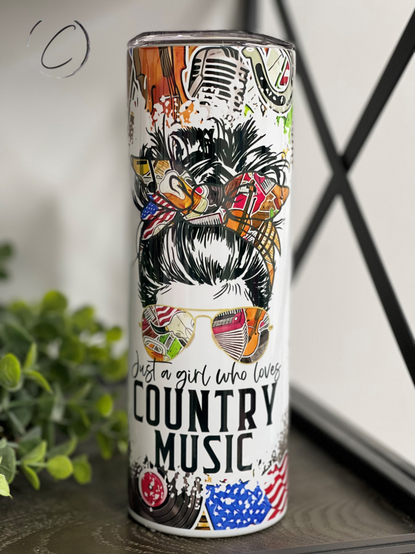 Just A Girl Who Loves Country Music 20oz Skinny Tumbler with a stylish design, perfect for country music fans.