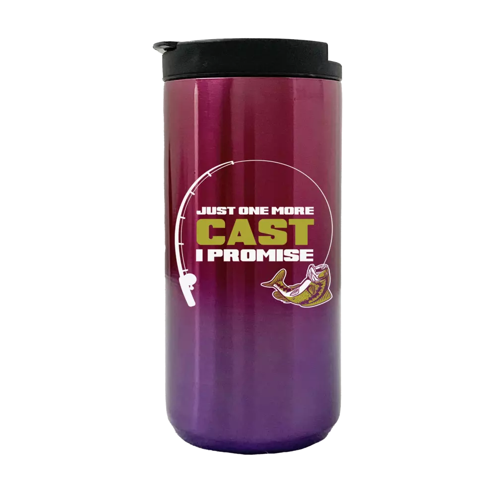 Just One More Cast 14oz Insulated Coffee Tumbler in stainless steel with UV printed design, perfect for hot and cold beverages.