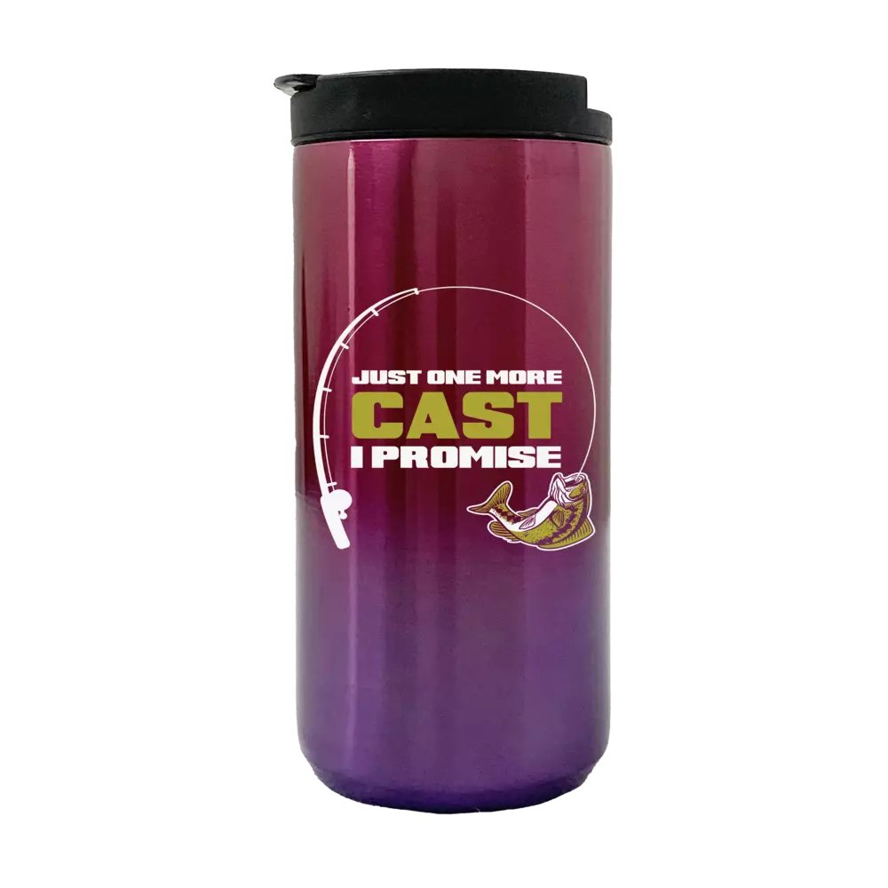 Just One More Cast 14oz Insulated Coffee Tumbler in stainless steel with UV printed design, perfect for hot and cold beverages.