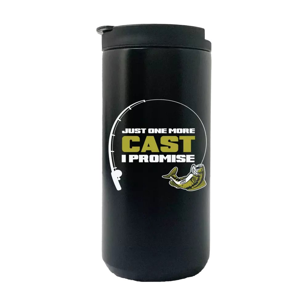 Just One More Cast 14oz Insulated Coffee Tumbler in stainless steel with UV printed design, perfect for hot and cold beverages.