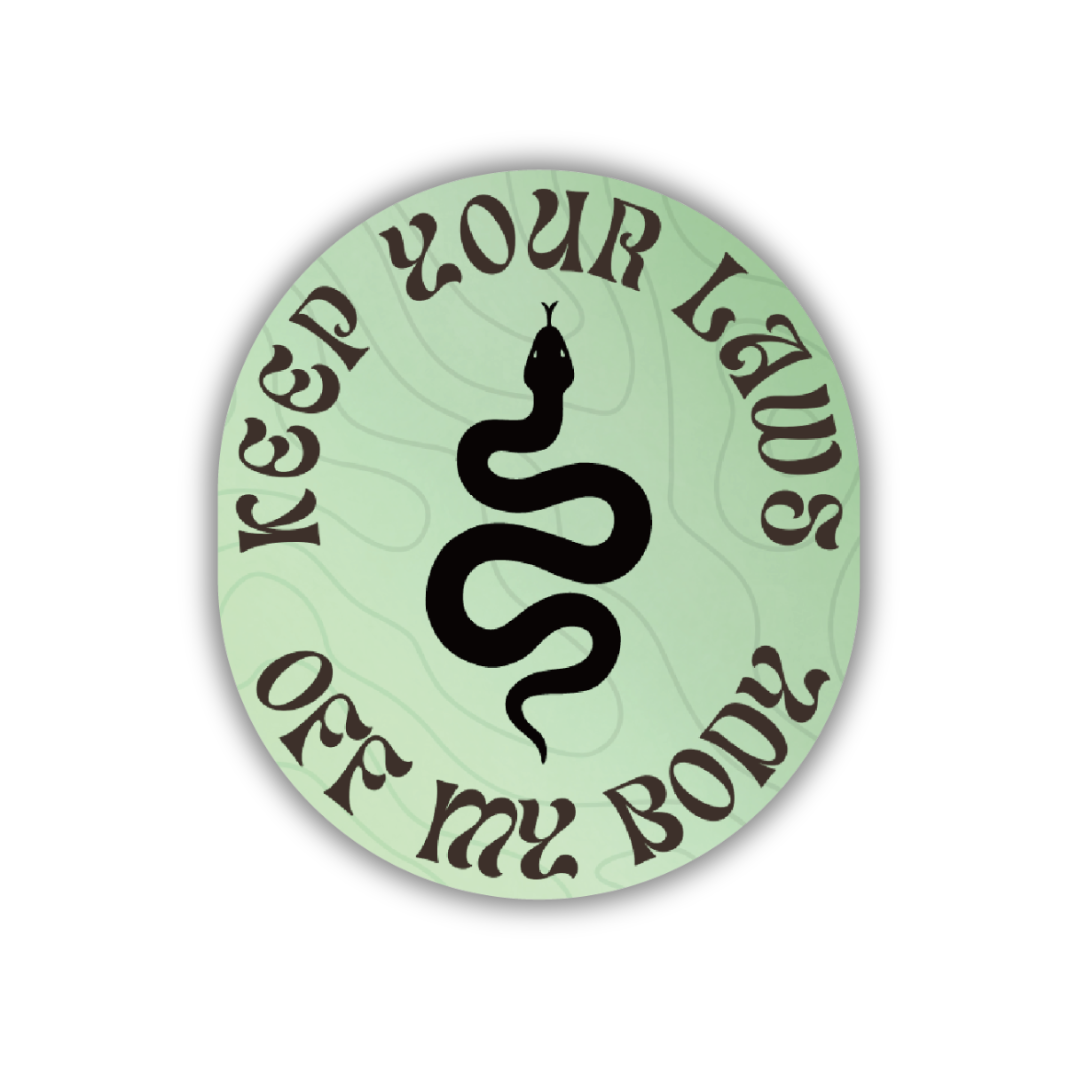 Glossy die cut vinyl sticker featuring a snake and pro-choice message, ideal for personalizing items.