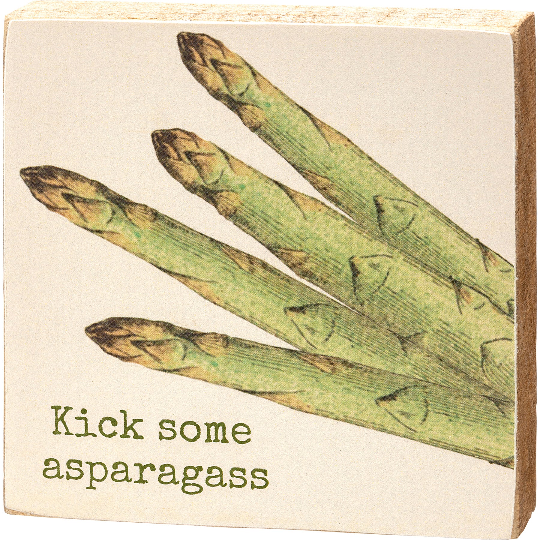 Kick Some Asparagass Block Sign featuring vintage asparagus designs on a wooden square, perfect for garden decor.