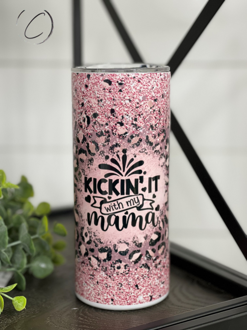Kickin' It With My Mama 15oz Kids Skinny Tumbler featuring a vibrant full wrap design and a reusable straw.