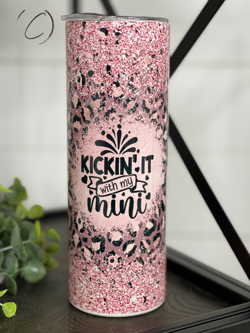 Kickin' It With My Mini 20oz Skinny Tumbler featuring a vibrant full wrap design and a reusable straw.