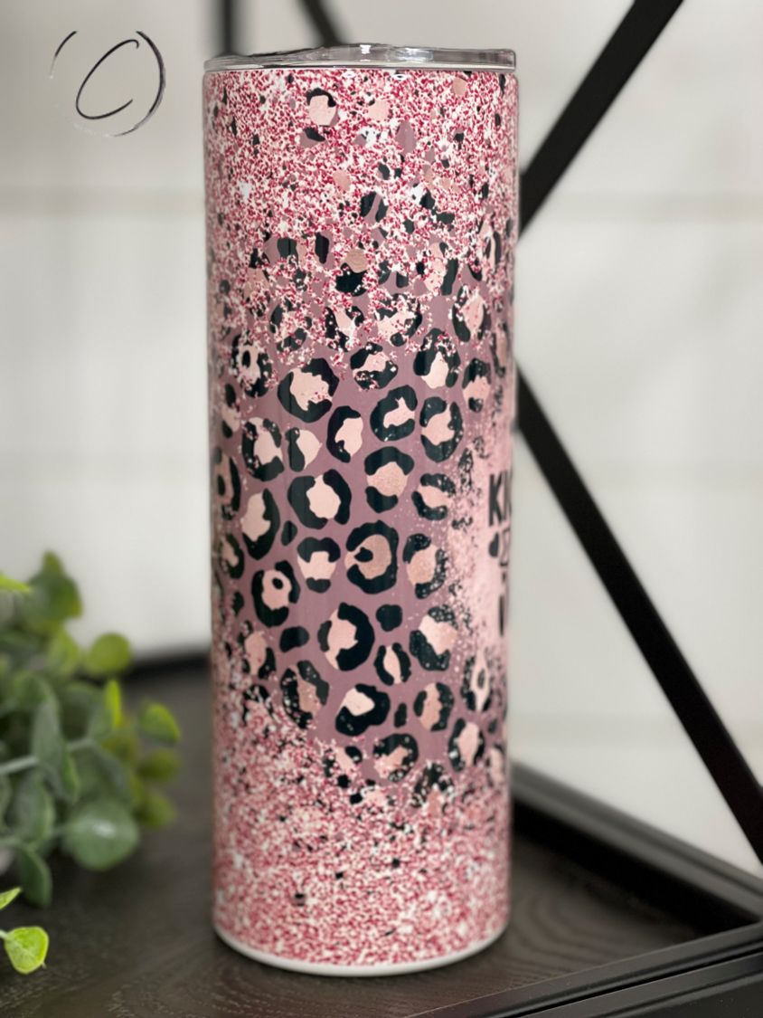 Kickin' It With My Mini 20oz Skinny Tumbler featuring a vibrant full wrap design and a reusable straw.