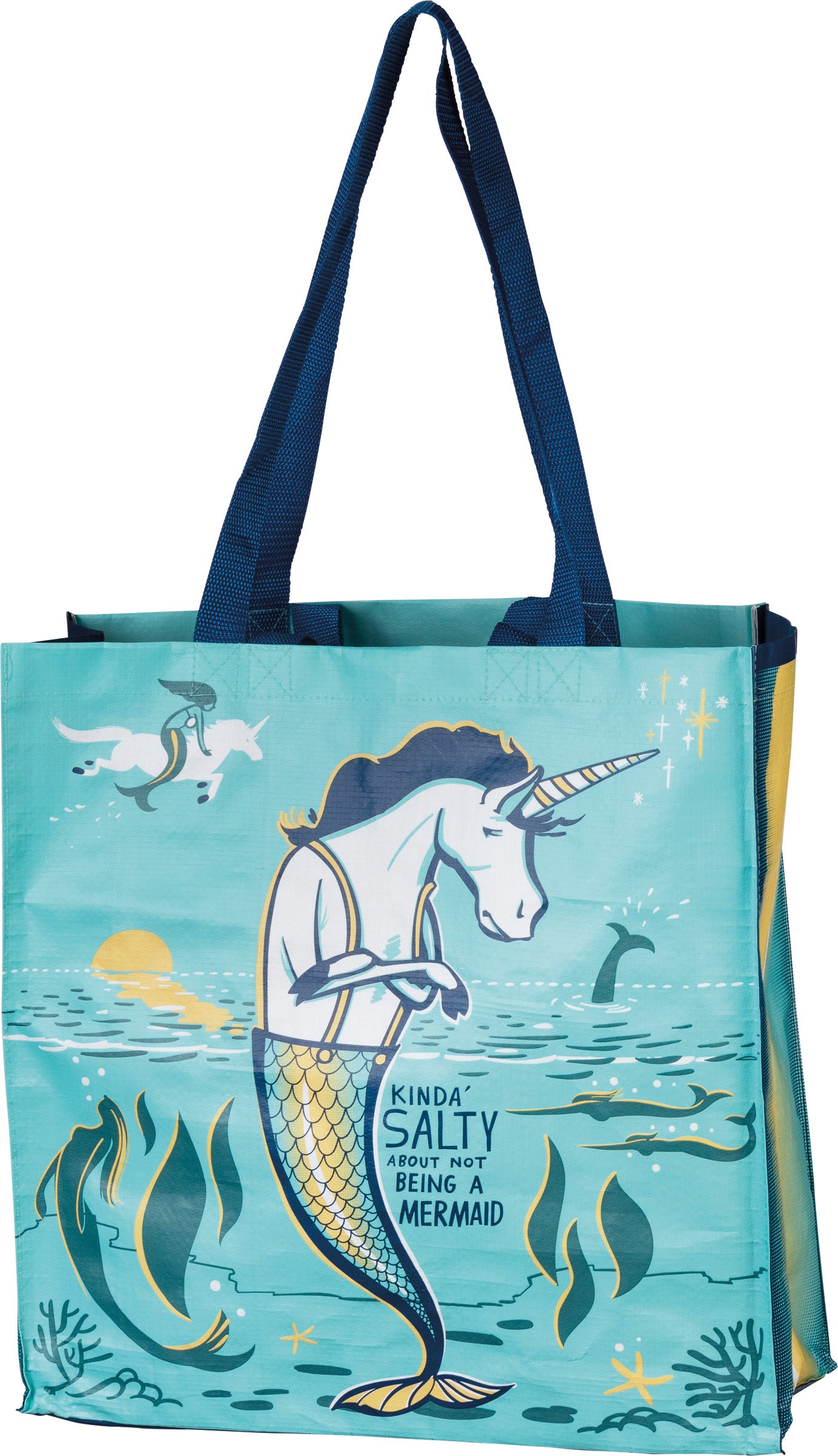 Colorful large market tote bag with 'Kinda' Salty About Not Being A Mermaid' text and a sad unicorn in a mermaid costume.