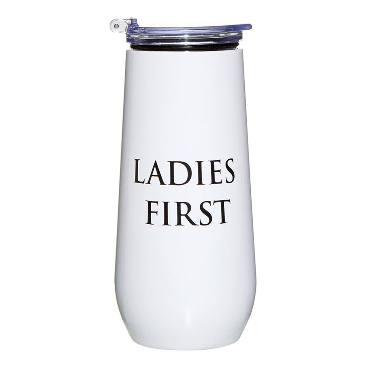 Ladies First Champagne Tumbler in stainless steel with a fliptop lid, perfect for enjoying bubbly drinks.