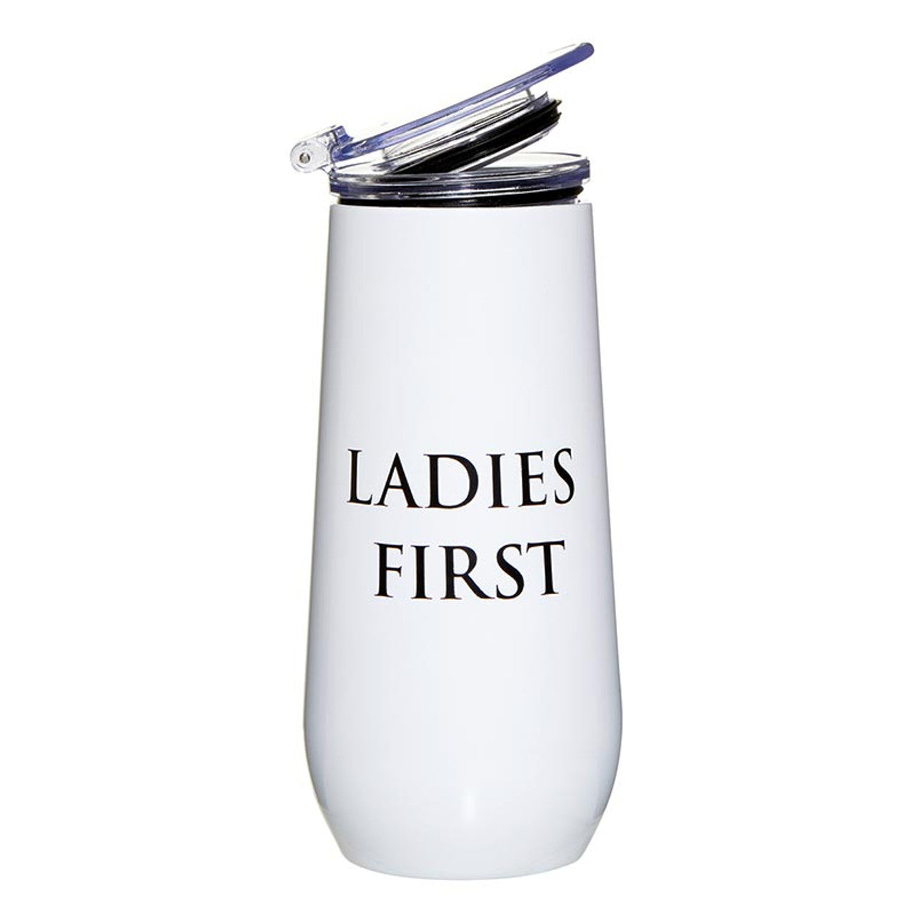 Ladies First Champagne Tumbler in stainless steel with a fliptop lid, perfect for enjoying bubbly drinks.