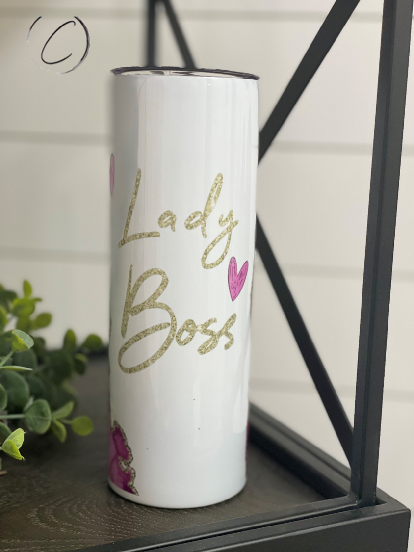 Lady Boss Redux 20oz Skinny Tumbler with a stylish full wrap design, featuring a reusable straw.