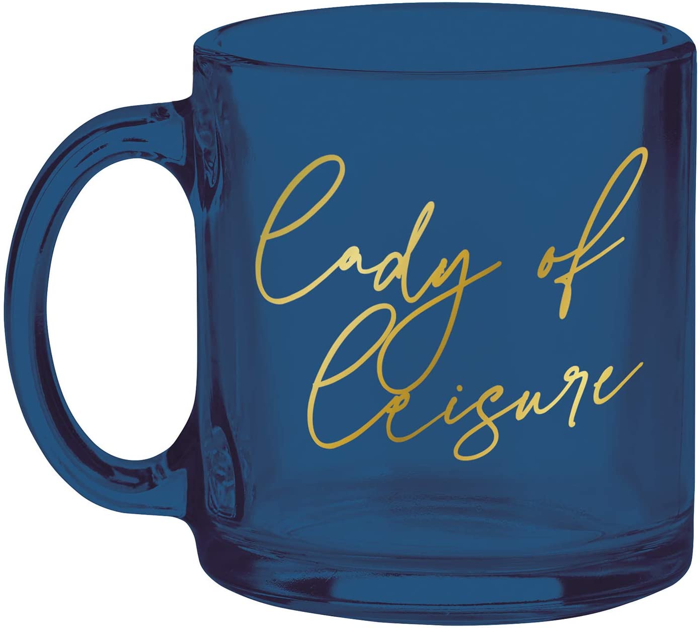 Lady of Leisure Single-Wall Glass Mug in dark blue tinted glass with gold lettering, elegantly designed for stylish sipping.