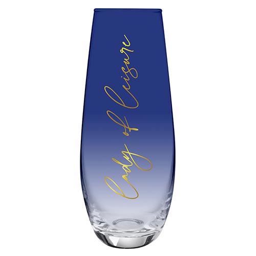 Lady of Leisure Stemless Flute Champagne Glass in dark blue tint with gold lettering, elegantly designed for champagne enjoyment.