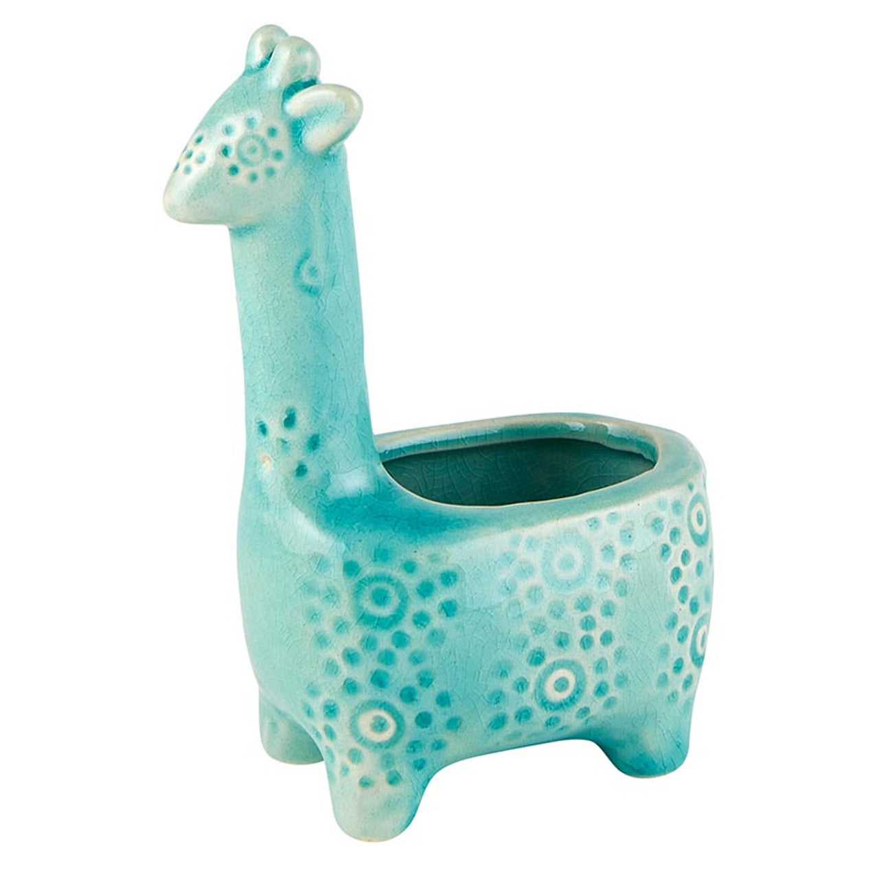 Lake Blue Giraffe Planter, a 6-inch tall ceramic pot shaped like a giraffe, perfect for small succulents and house plants.
