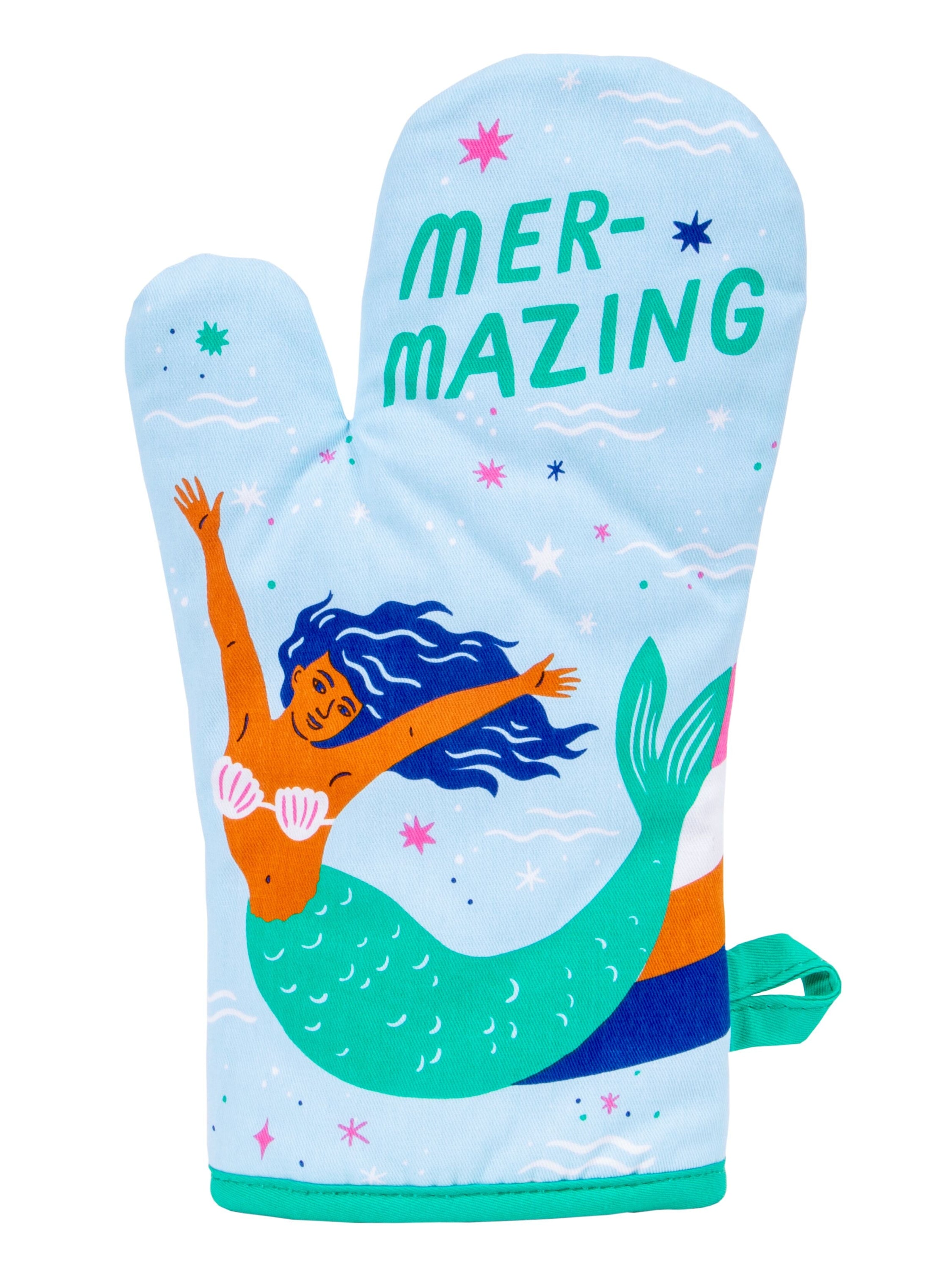 Colorful mermaid design oven mitt made of 100% cotton, featuring vibrant colors and quilted insulation for thermal protection.