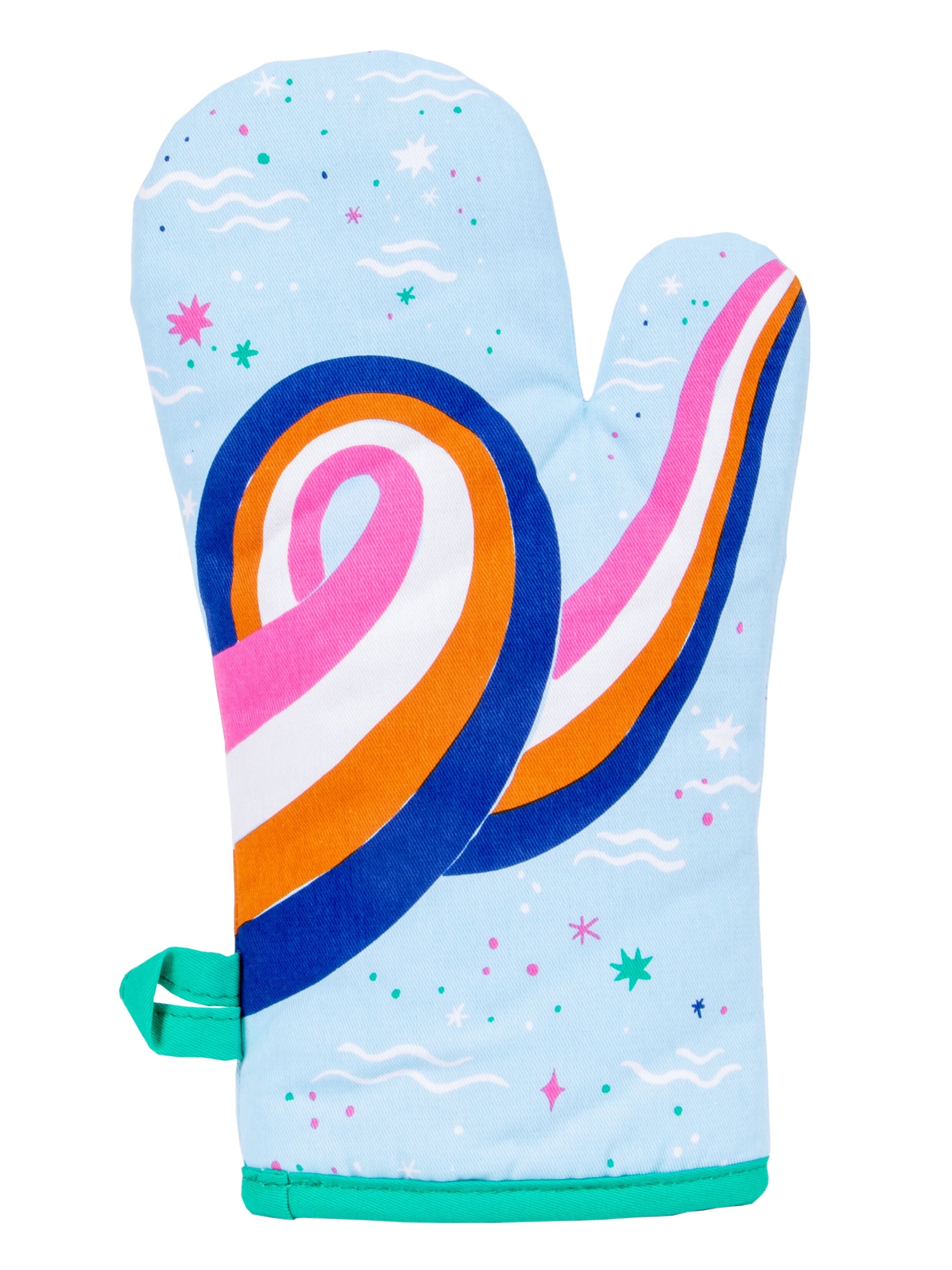 Colorful mermaid design oven mitt made of 100% cotton, featuring vibrant colors and quilted insulation for thermal protection.