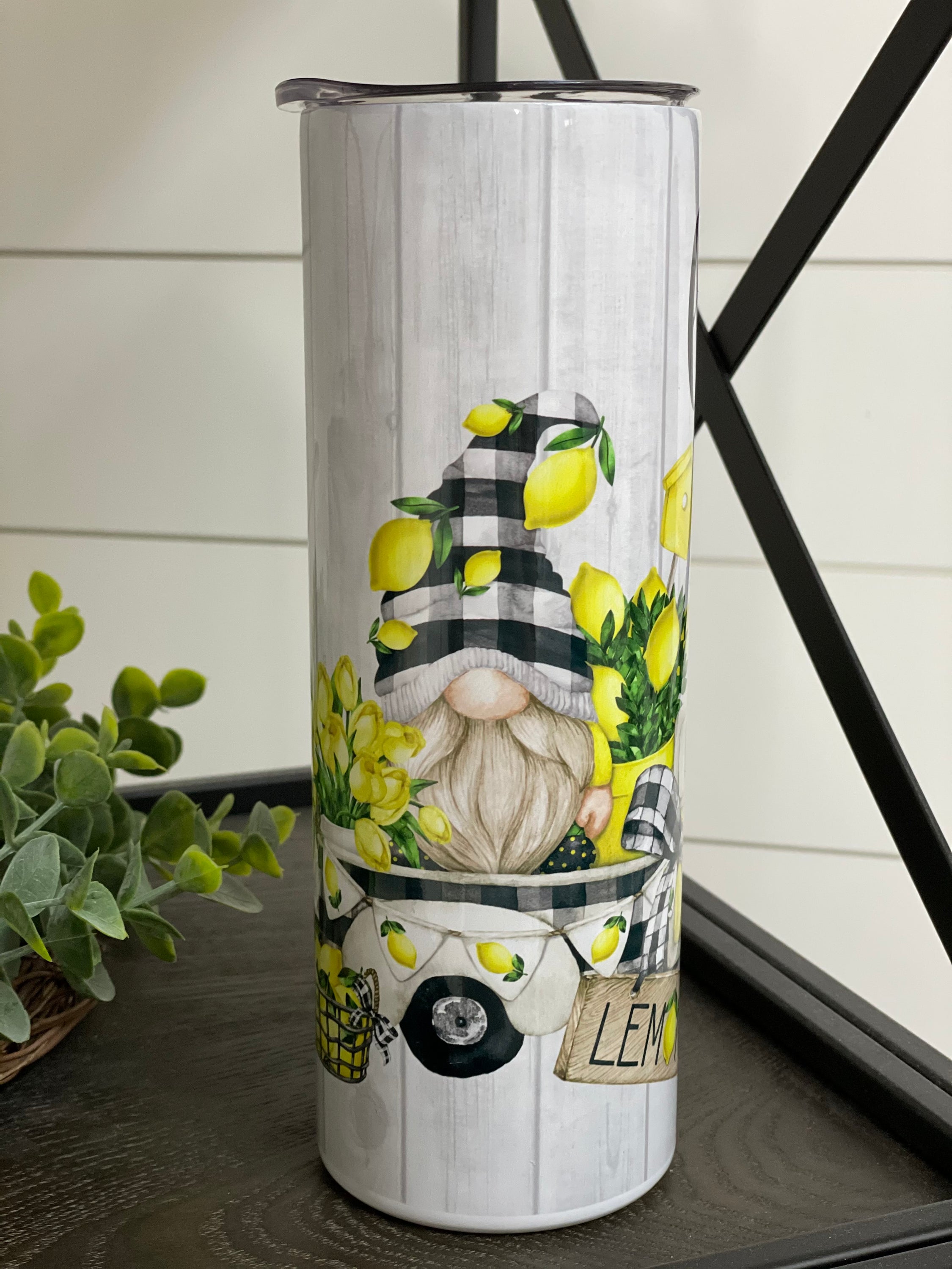 Lemons Add Zest 20oz Skinny Tumbler with vibrant lemon design and reusable straw.