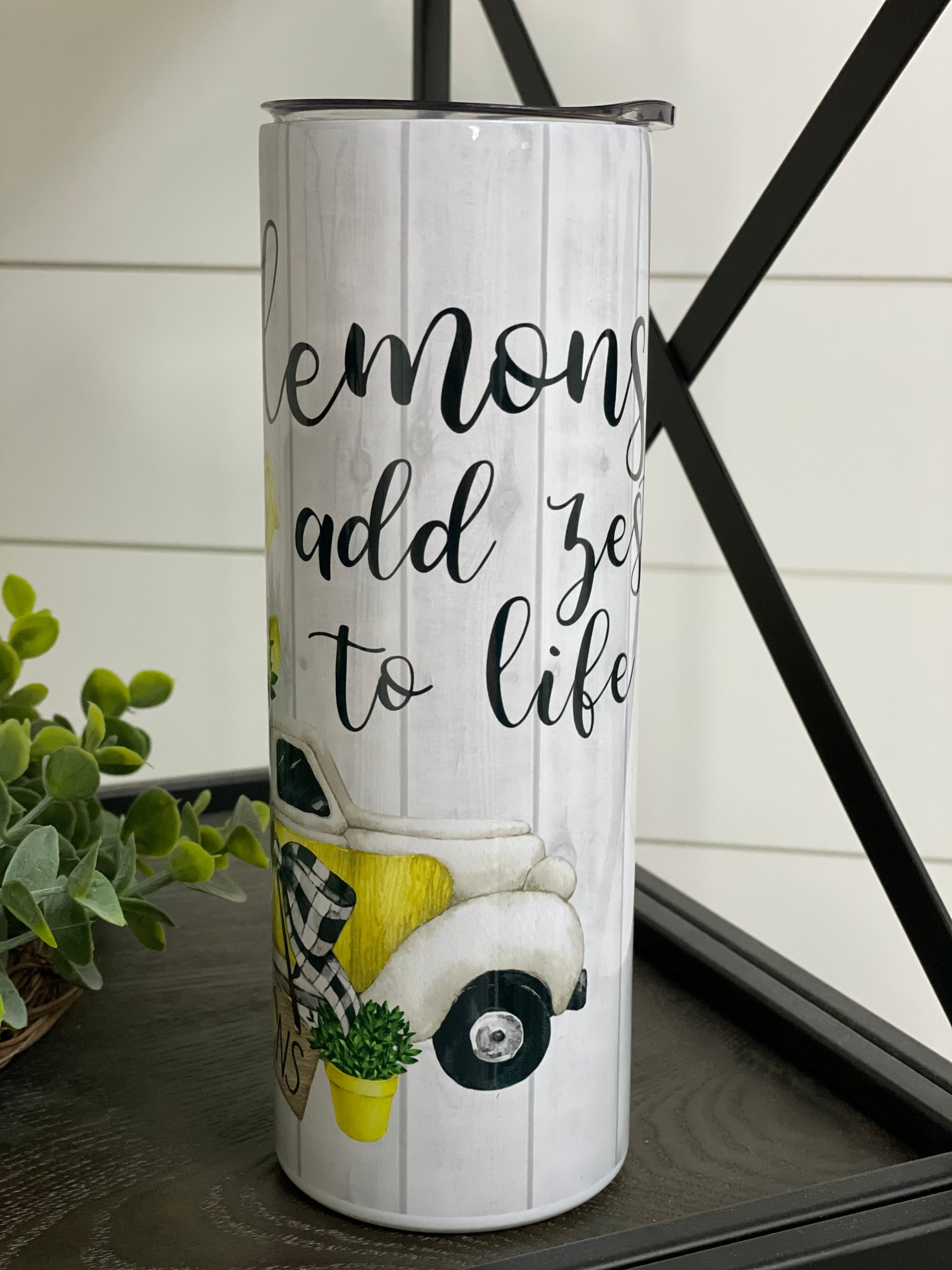 Lemons Add Zest 20oz Skinny Tumbler with vibrant lemon design and reusable straw.