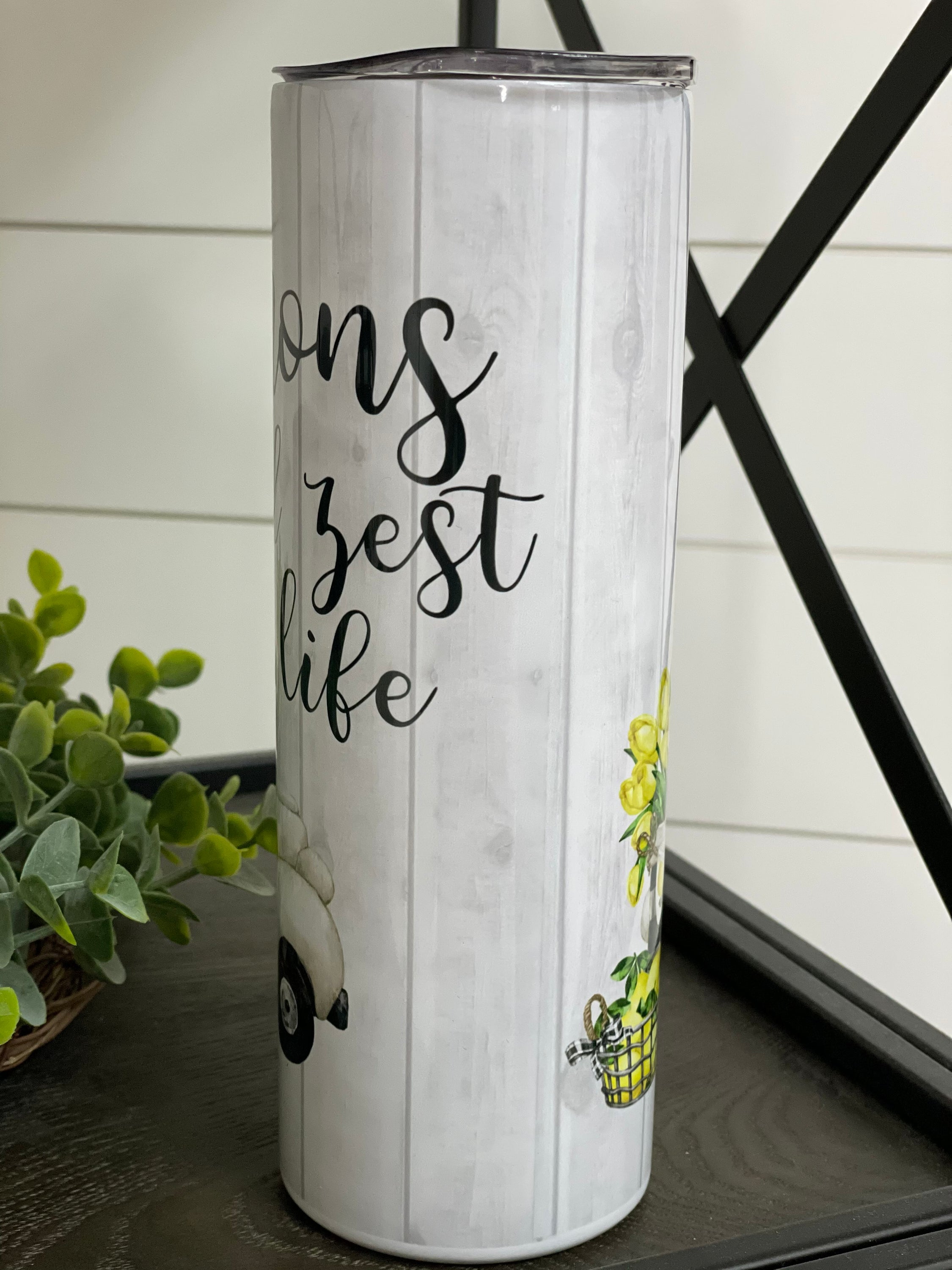 Lemons Add Zest 20oz Skinny Tumbler with vibrant lemon design and reusable straw.