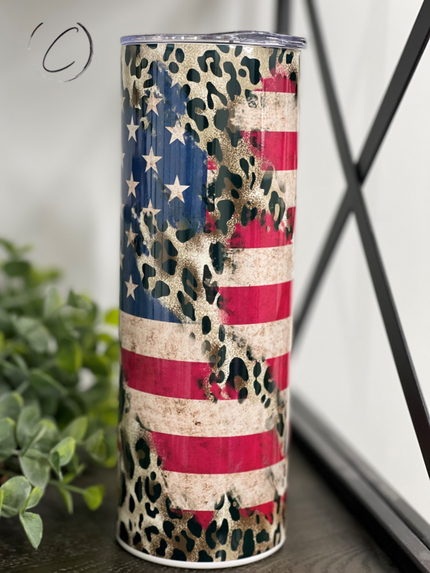 Leopard American Flag 20oz Skinny Tumbler featuring a vibrant design with a leopard print and American flag.