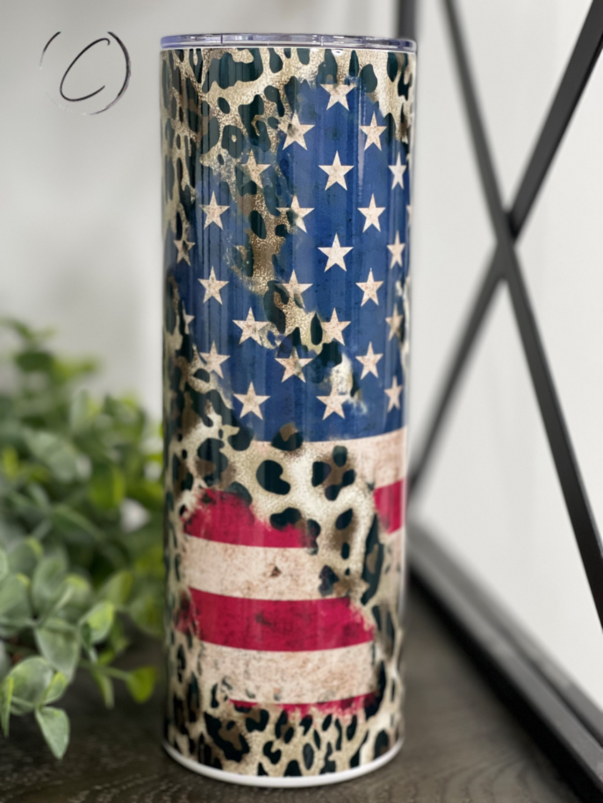 Leopard American Flag 20oz Skinny Tumbler featuring a vibrant design with a leopard print and American flag.