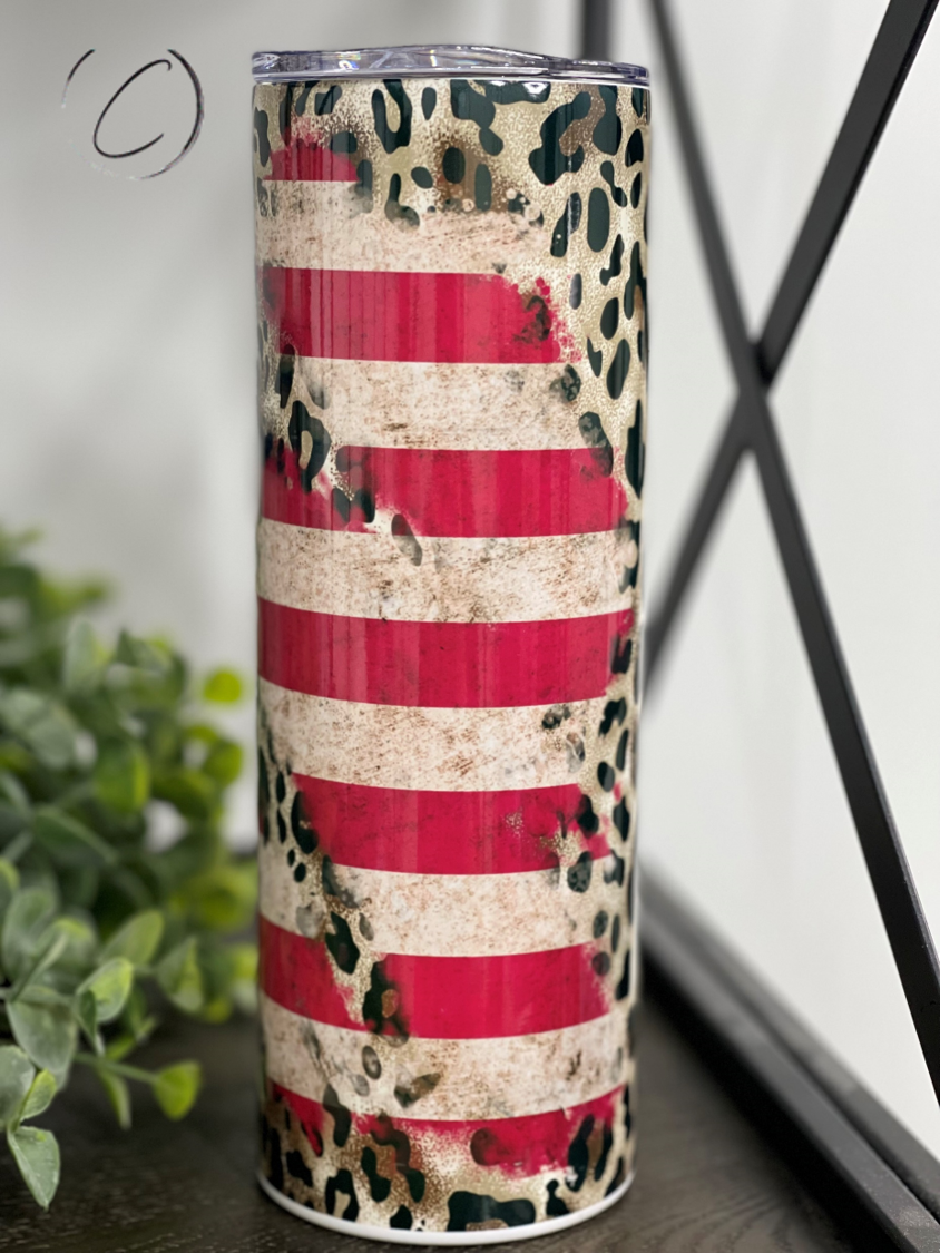 Leopard American Flag 20oz Skinny Tumbler featuring a vibrant design with a leopard print and American flag.