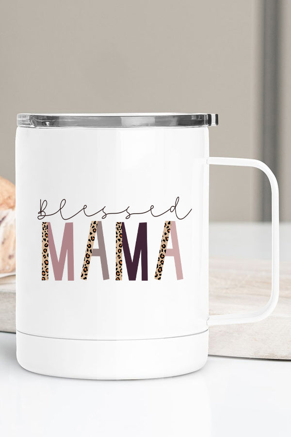 Leopard Blessed Mama Stainless Steel Travel Cup with double wall insulation and vibrant design, perfect for coffee on the go.