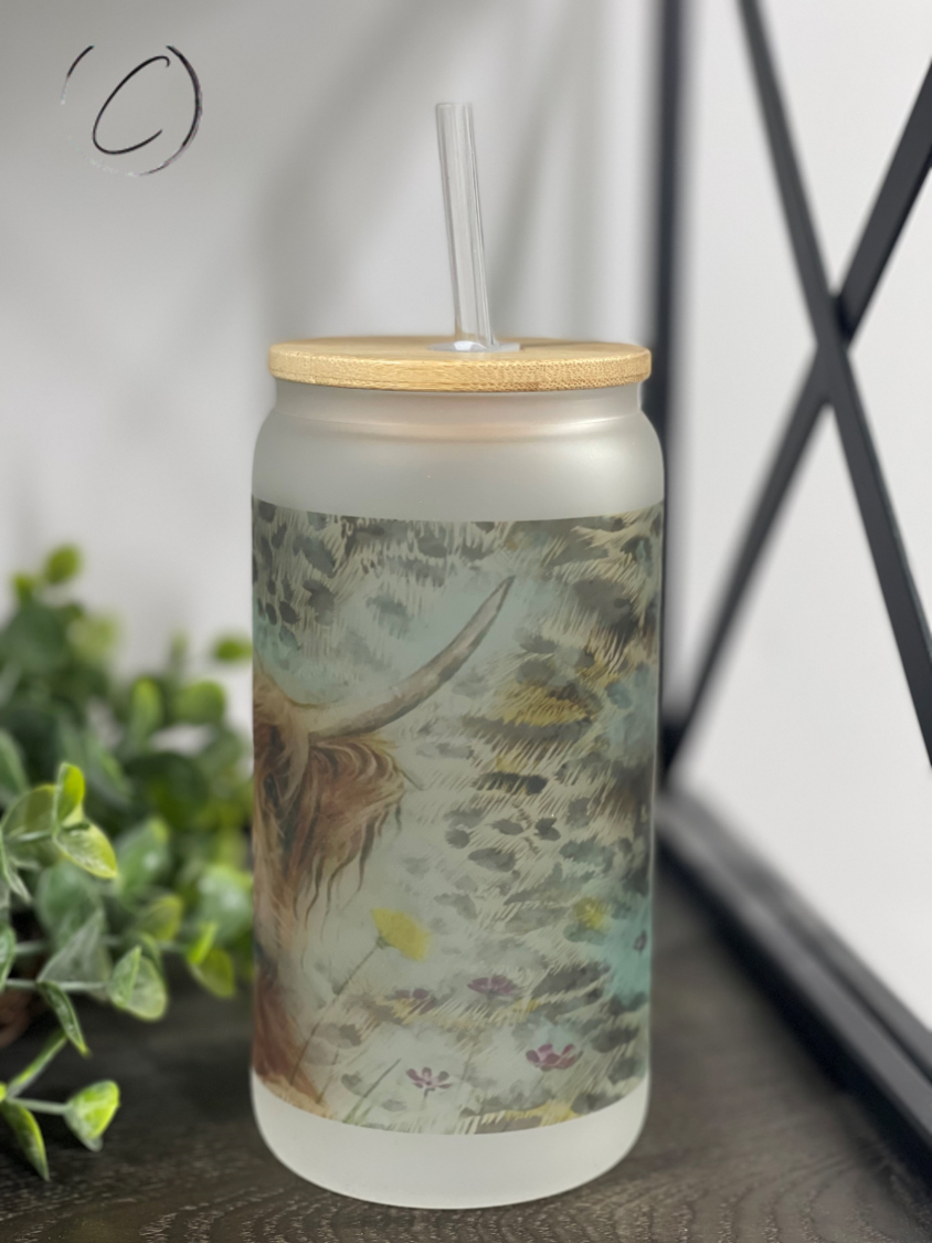 Leopard Highland Cow 16oz Libbey Glass tumbler featuring a unique design and reusable straw.