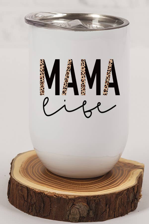 Leopard Mama Life Wine Cup Tumbler with vibrant design, stainless steel body, and included lid and straw.