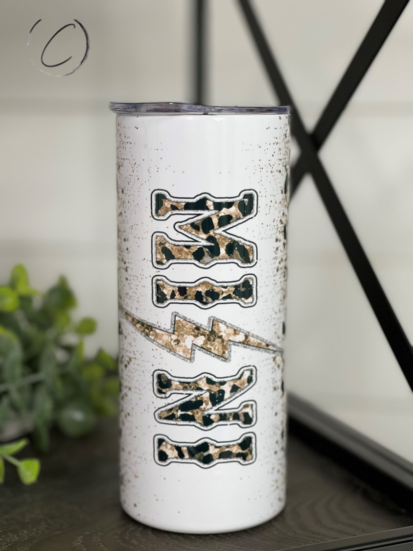 Leopard Mini Rocks 15oz Kids Skinny Tumbler featuring a vibrant leopard print design, complete with a reusable straw.