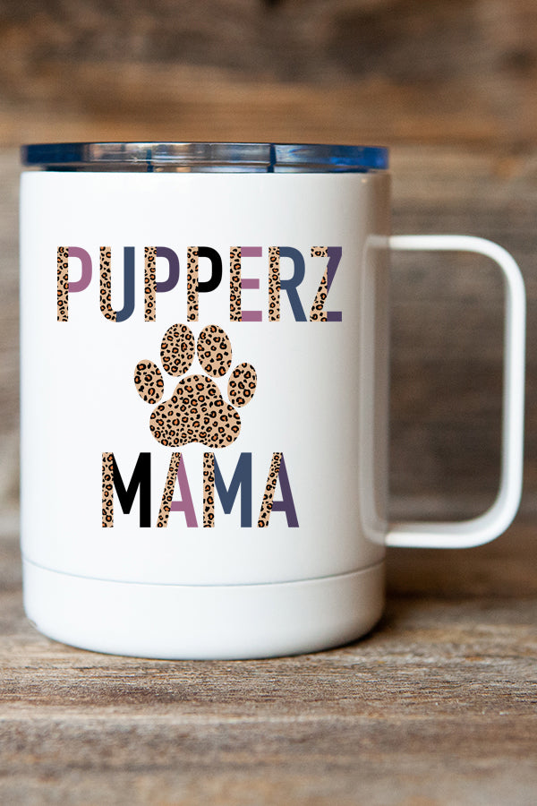 Leopard Pupperz Mama Stainless Steel Coffee Travel Cup with double wall insulation and vibrant sublimation dye design.