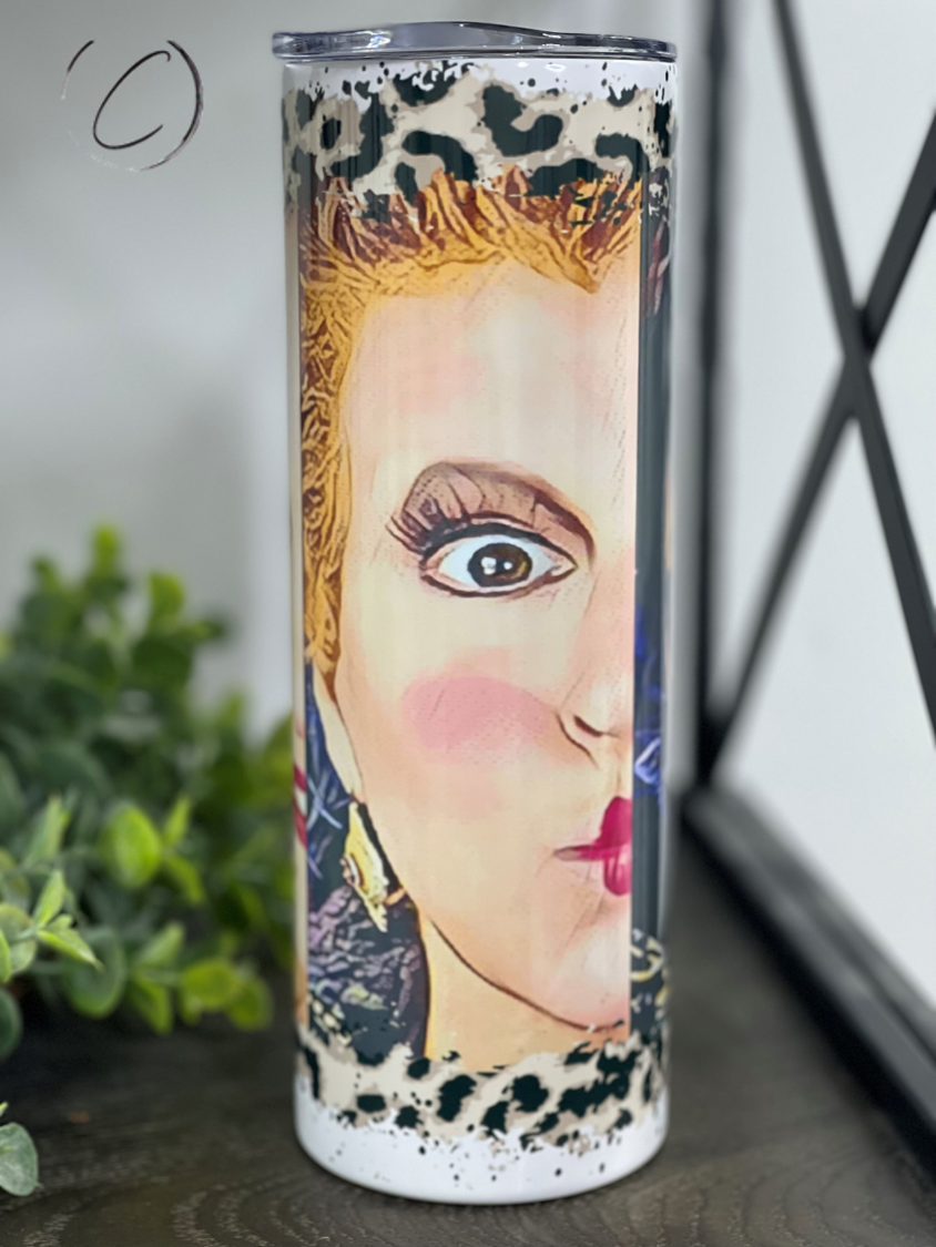 Leopard Sanderson Sisters 20oz Skinny Tumbler featuring a vibrant leopard print design, perfect for stylish hydration.