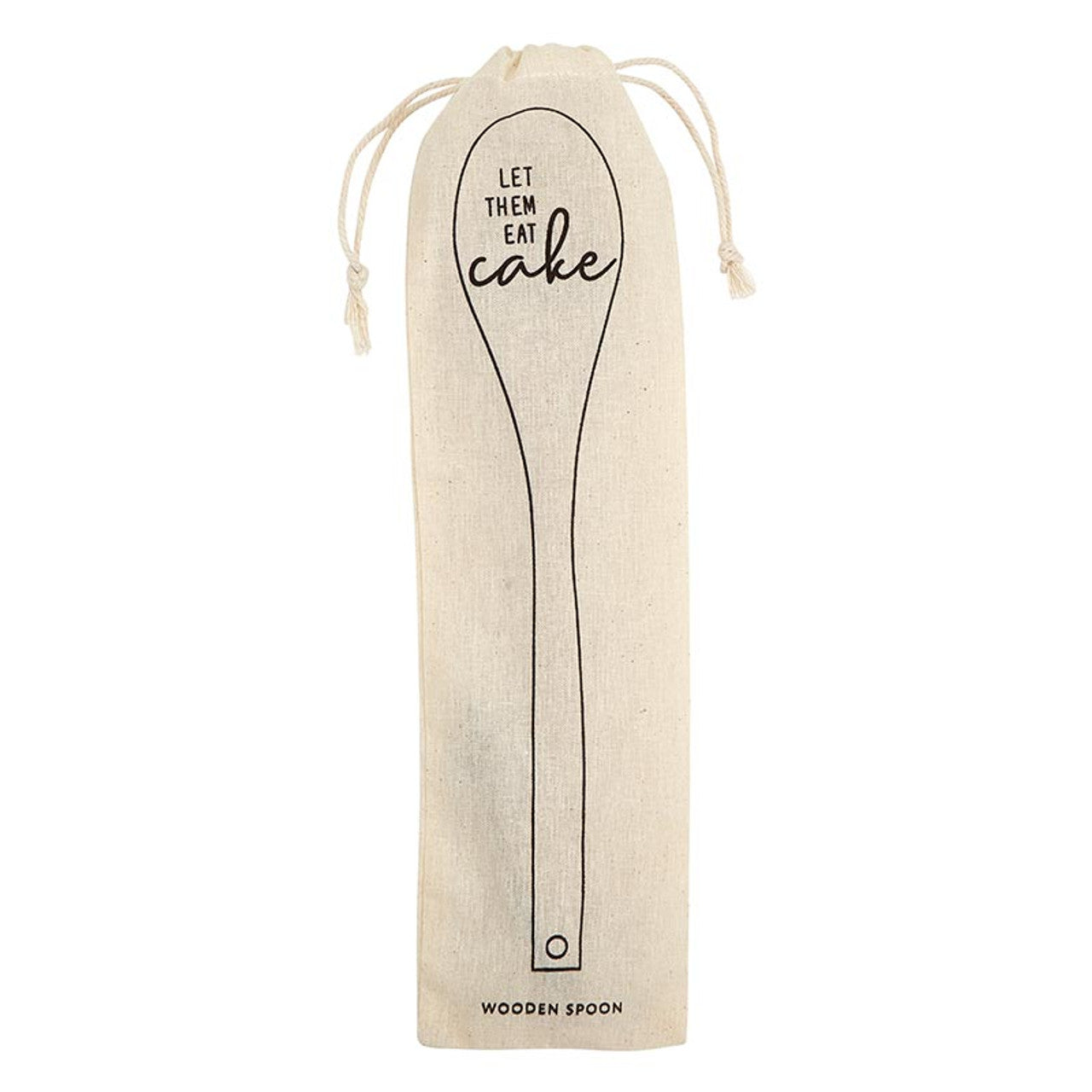 Marie Antoinette inspired cooking spoon engraved with 'Let Them Eat Cake', displayed in a muslin drawstring bag.