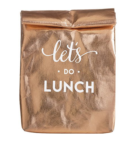 Let's Do Lunch washable paper insulated bag in rose gold with magnetic closure, featuring a stylish design and insulated interior.