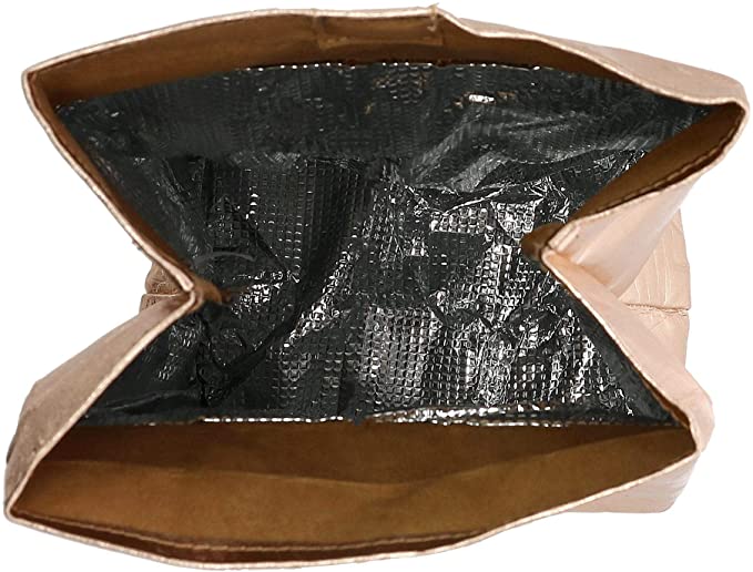 Let's Do Lunch washable paper insulated bag in rose gold with magnetic closure, featuring a stylish design and insulated interior.