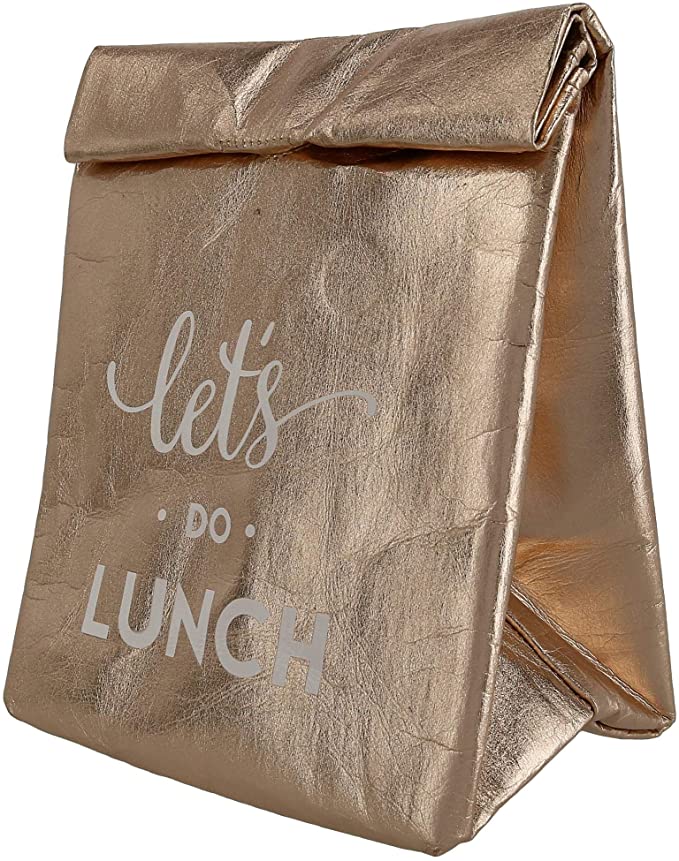 Pack of 6 Let's Do Lunch Washable Paper Insulated Bags in Rose Gold with magnetic closure, featuring stylish design and insulated interior.