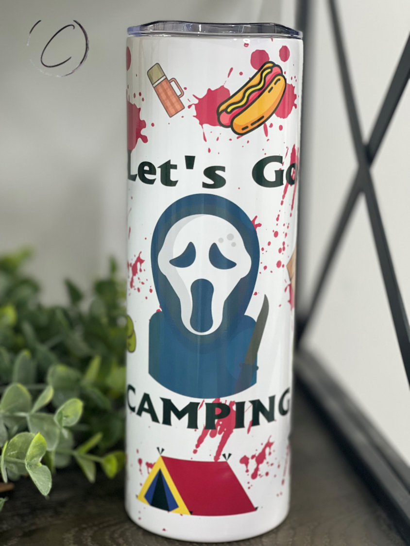 Let's Go Camping Horror 20oz Skinny Tumbler with a unique camping-themed design, perfect for outdoor adventures.