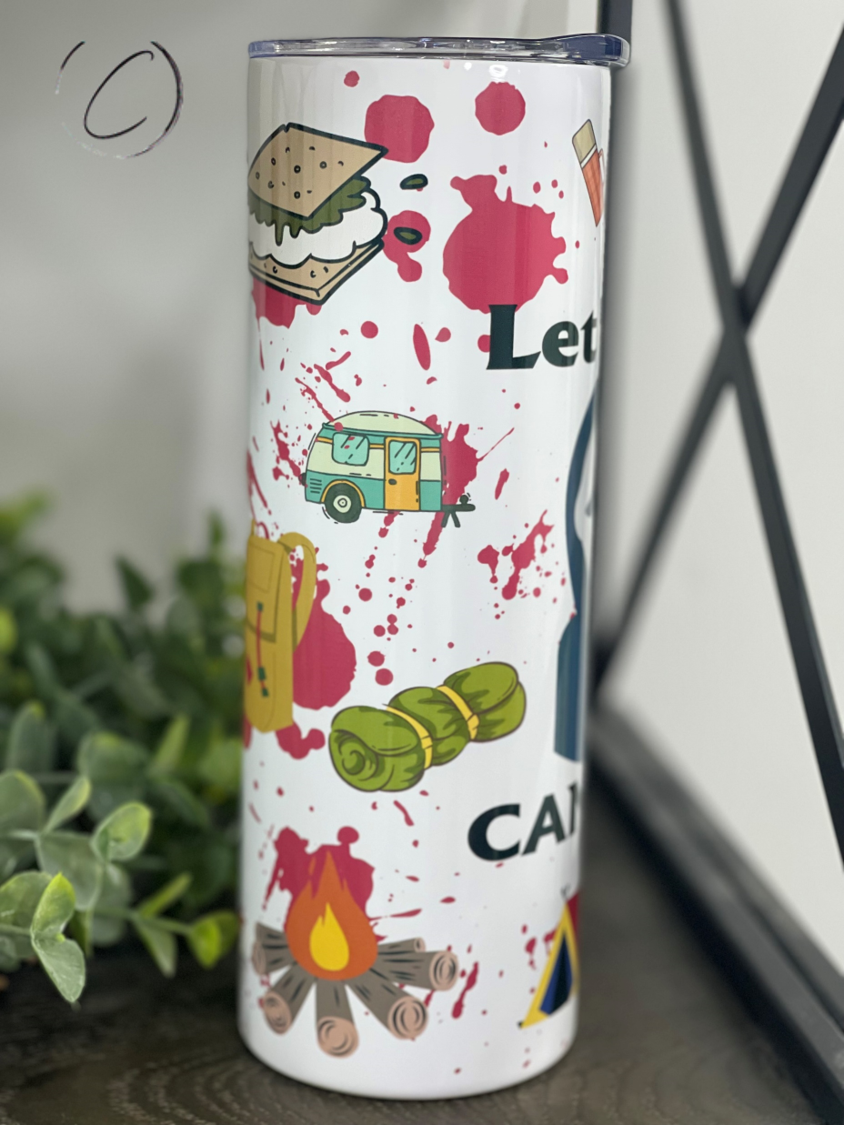 Let's Go Camping Horror 20oz Skinny Tumbler with a unique camping-themed design, perfect for outdoor adventures.