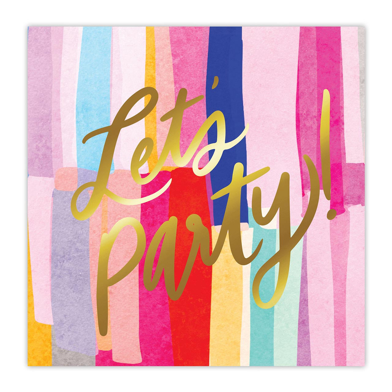 Colorful Let's Party Beverage Napkins featuring gold foil lettering, perfect for cocktail parties.
