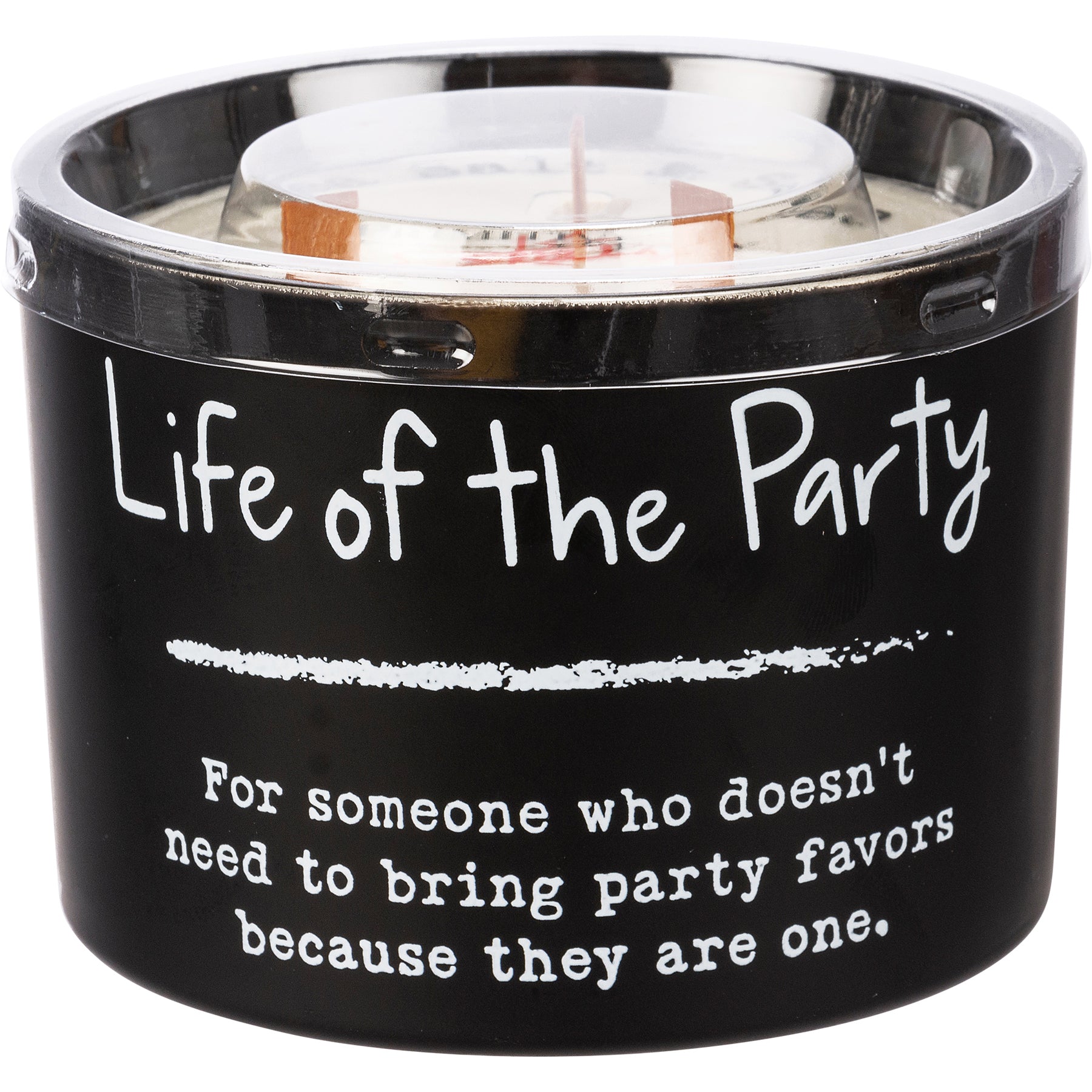 Life Of The Party jar candle in matte black glass with sea salt and sage scent, featuring three wooden wicks.