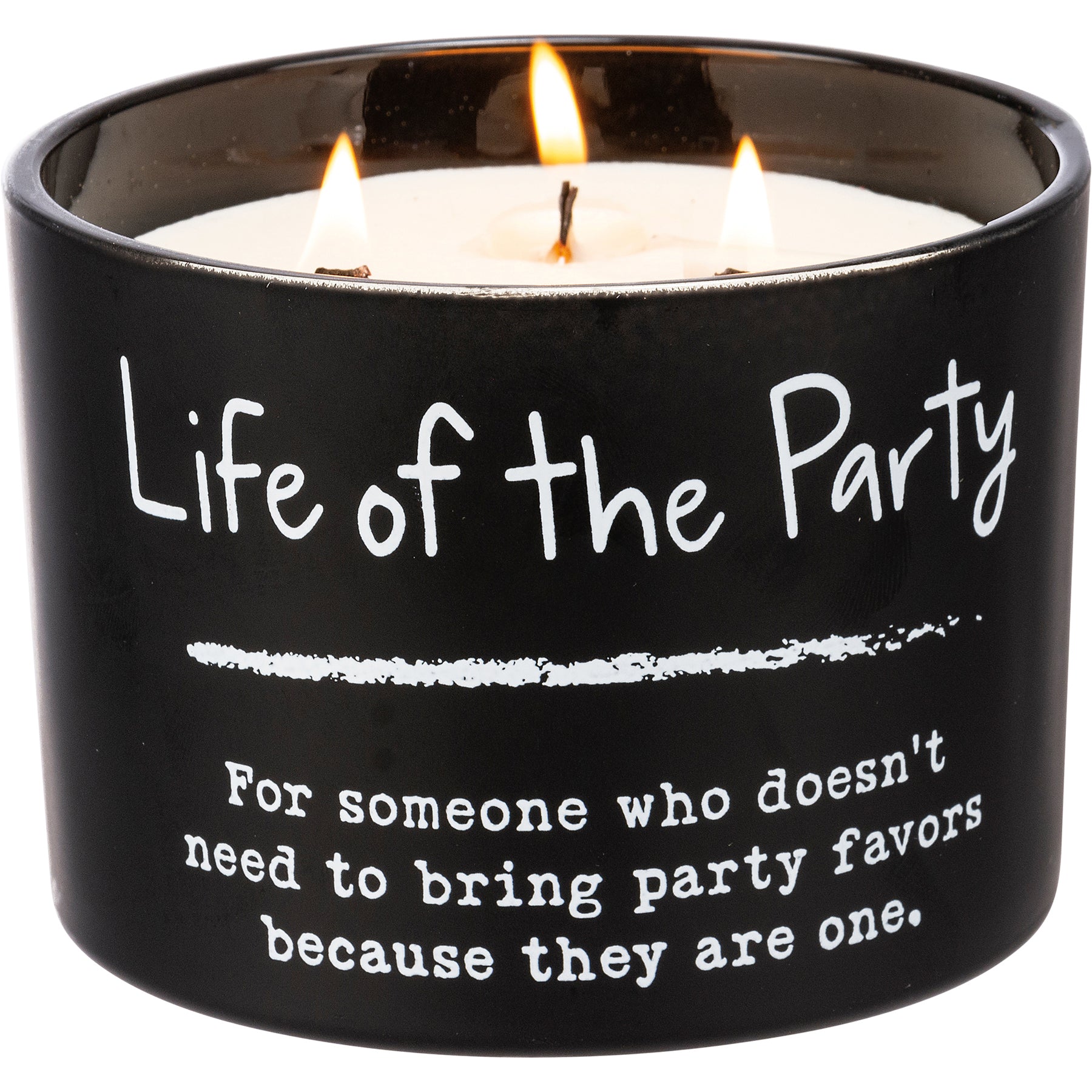 Life Of The Party jar candle in matte black glass with sea salt and sage scent, featuring three wooden wicks.