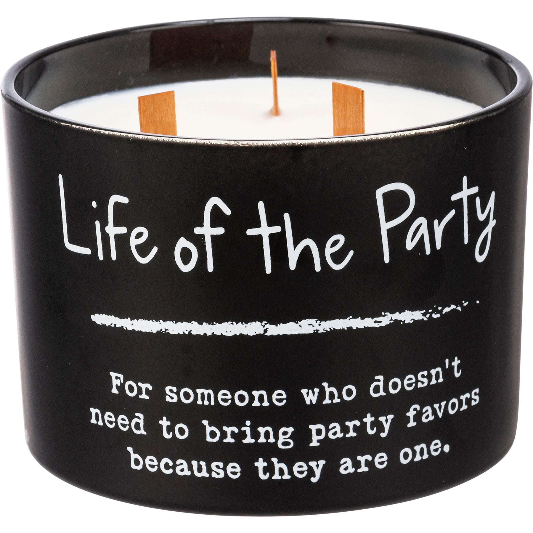 Life Of The Party jar candle in matte black glass with sea salt and sage scent, featuring three wooden wicks.