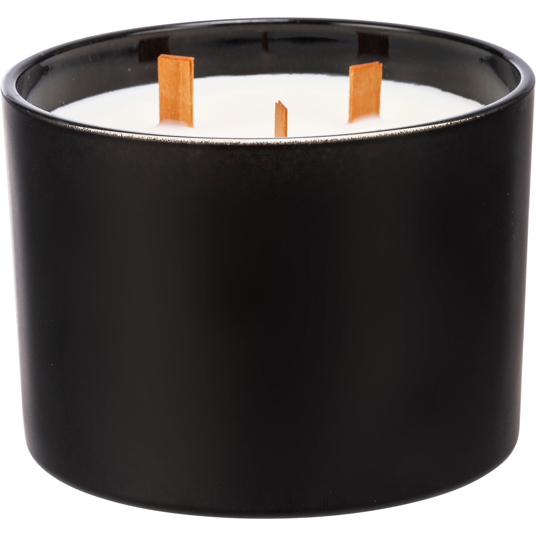 Life Of The Party jar candle in matte black glass with sea salt and sage scent, featuring three wooden wicks.